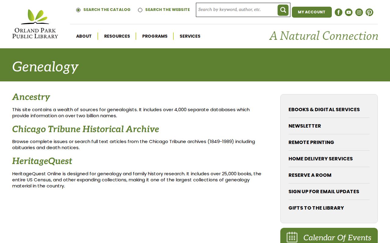 Orland Park Library genealogy database access page