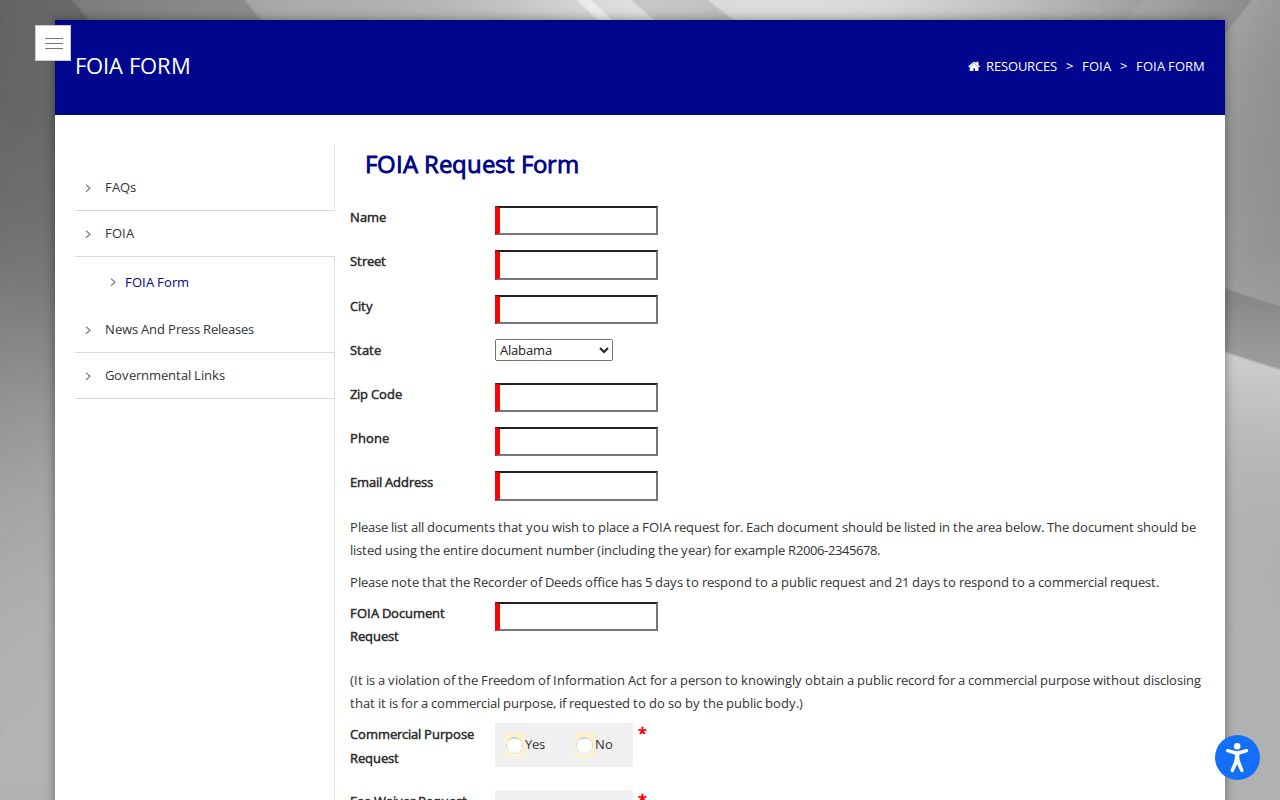 Will County Recorder FOIA form for a defined Orland Park parcel record request