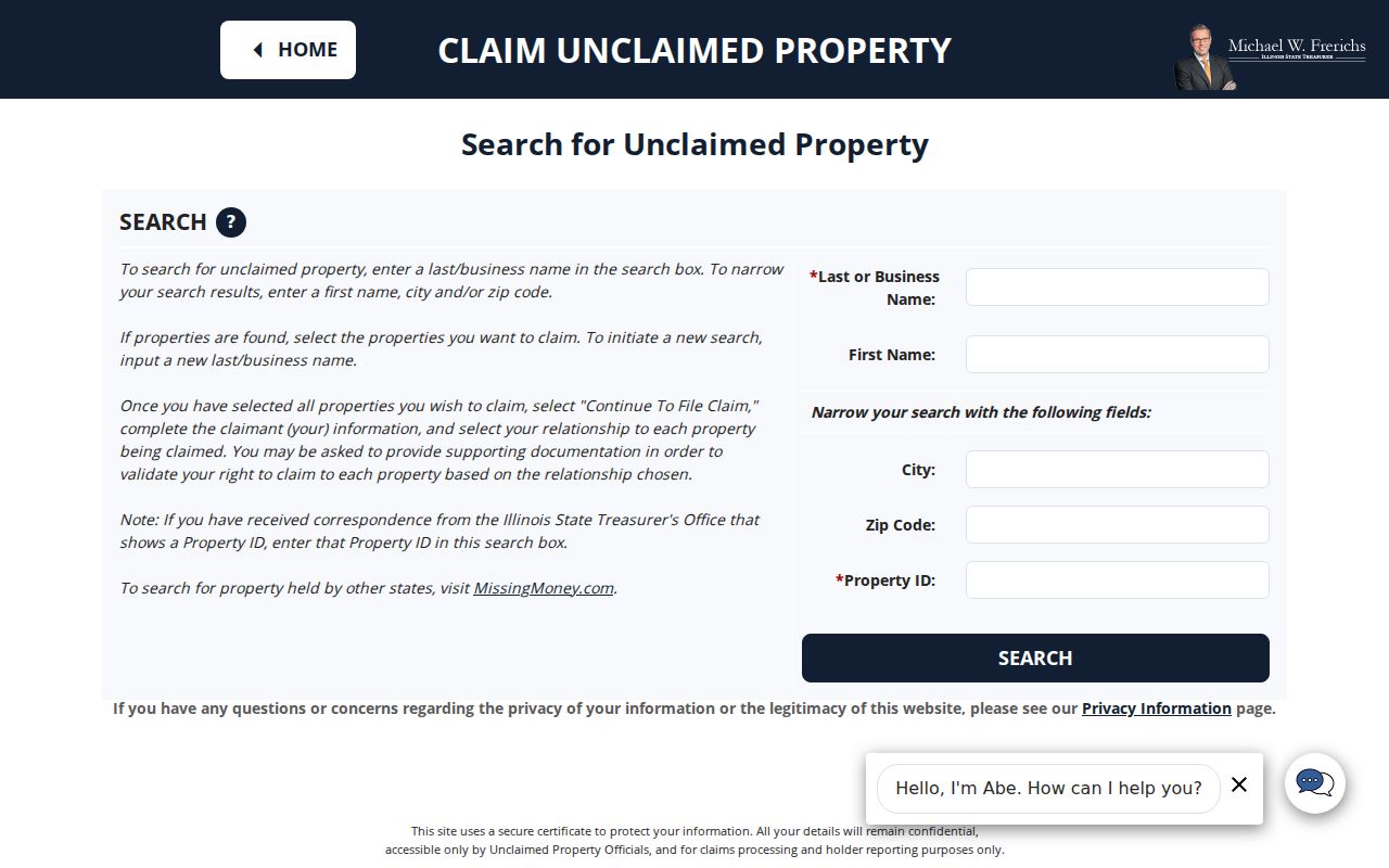 Illinois I-CASH name and ZIP search for an Orland Park heir inquiry