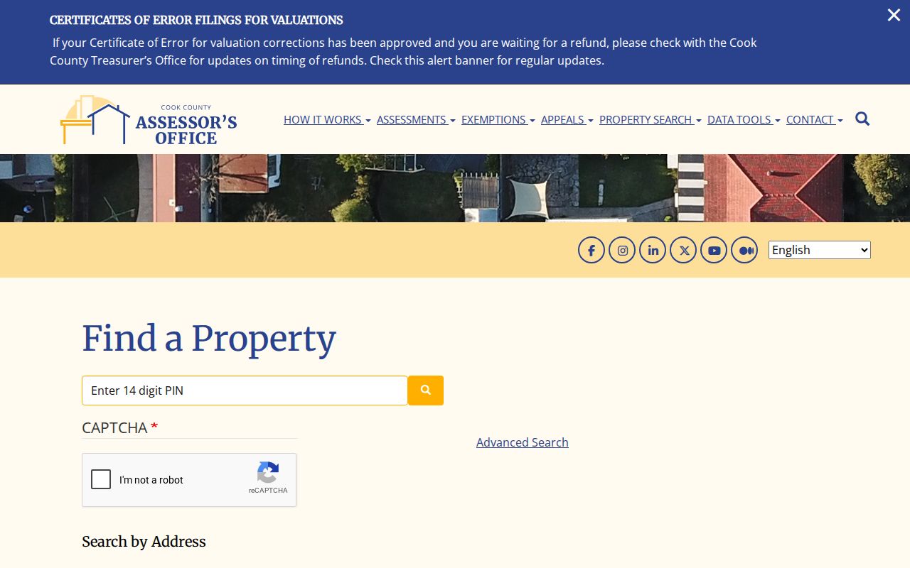 Cook County Assessor address search fields for an Orland Park street